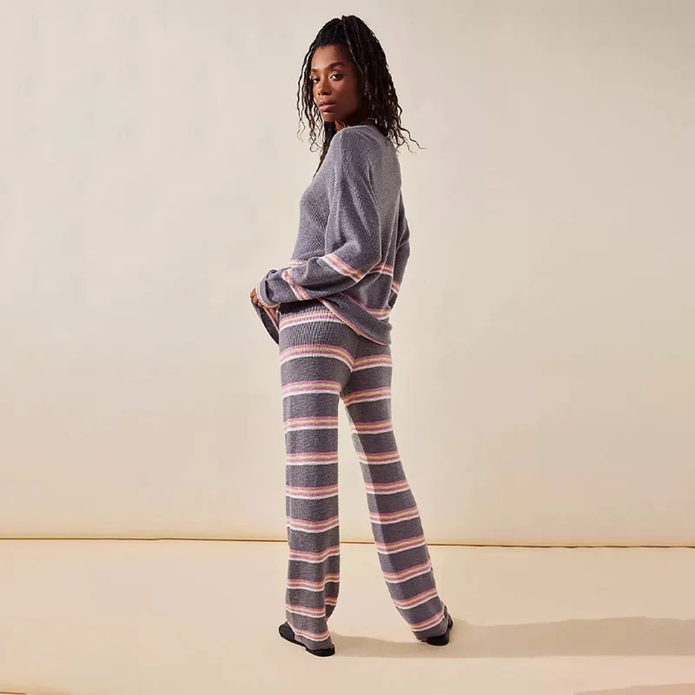 Free People Gray and Pink Striped Knit Wide-Leg Pants